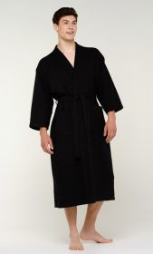 Mens Long Waffle Kimono Lightweight Turkish Cotton Robe, Hotel Spa Bathrobe for Man (Option: Adult  Unisex  Black  One Size)