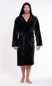 Men's Black Plush Soft Warm Fleece Bathrobe with Hood, Comfy Men's Robe (Option: XXLarge)