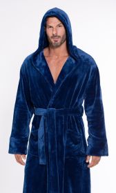 Men's Navy Blue Plush Soft Warm Fleece Bathrobe with Hood, Comfy Men's Robe (Option: XXLarge)