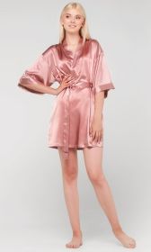 Kimono robes for Women Satin Silk lingerie robe, Short V (Option: Neck For Female Sleepwear Loungewear bridal party bridesmaid wedding  Rose  Large)
